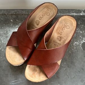 Yokona Cognac Leather Cross Strap Cork Wedge Sandal, Size 6.5, Gently Used